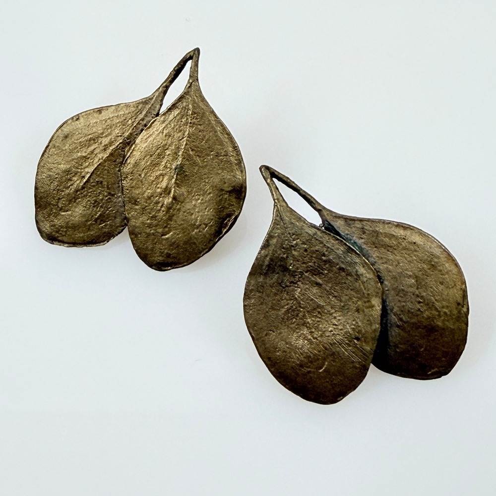 Michael Michaud Eucalyptus Leaf Earrings Bronze Post Signed Handmade 1 3/8"